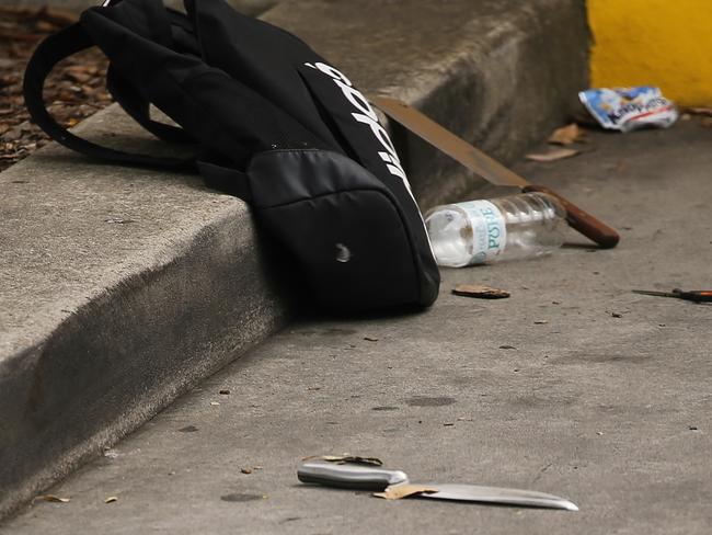 The student was carrying a backpack which allegedly contained other blades including a box cutter, meat cleaver, scissors and screwdrivers. Picture: John Grainger