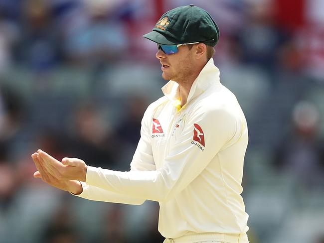 PERTH, AUSTRALIA - DECEMBER 18:  Steve Smith of Australia reacts after a appeal for a catch against Moeen Ali of England was disalowed during day five of the Third Test match during the 2017/18 Ashes Series between Australia and England at WACA on December 18, 2017 in Perth, Australia.  (Photo by Ryan Pierse/Getty Images)
