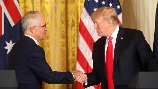 Donald Trump and former Australian prime minister Malcolm Turnbull during a press conference at the White House in the US President’s first term. Picture: Nathan Edwards