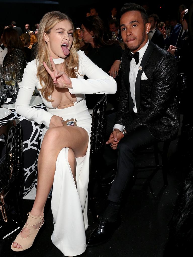 Gigi Hadid and Formule 1 pilots Lewis Hamilton attend amfAR’s 2015 Cinema Against AIDS Gala. Picture: Getty