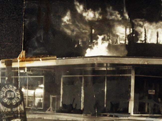 DIGITALLY ALTERED - Whiskey Au Go Go Nightclub fire - file pic 09 mar 1973. cnr St Paul's Terrace and Amelia St Fortitude Valley at 2.15 am after the firebomb. fires qld crime murder .John Stuart & James Finch jailed for life Picture: Supplied