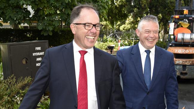 MPs Richard Riordan and Ryan Smith arrive at Parliament House. Picture: Andrew Henshaw