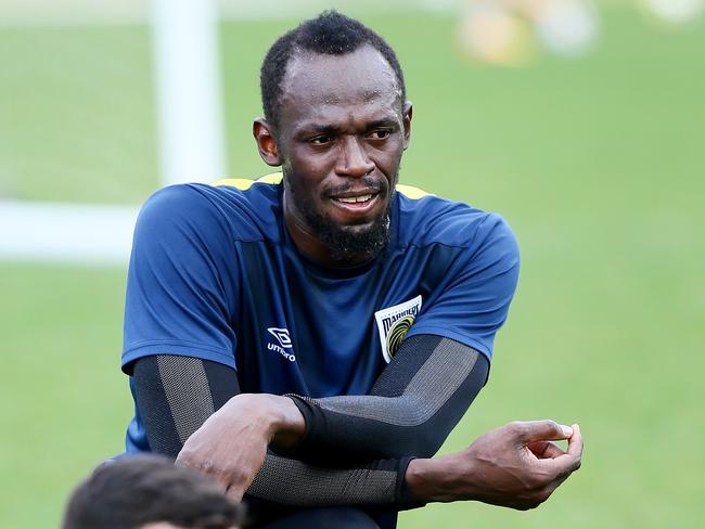 Usain Bolt after training at Pluim Park. Picture: AAP Image/Sue Graham