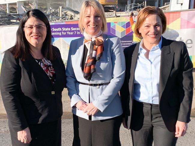 Member for South Brisbane Jackie Trad (right) with Education Minister Grace Grace (left) and Inner City South State Secondary College foundation principal Kirsten Ferdinands