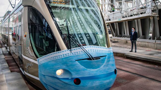 In the Moroccan capital of Rabat, even the trams are wearing masks to spread awareness on preventing the spread of coronavirus. Picture: Fadel Senna/AFP