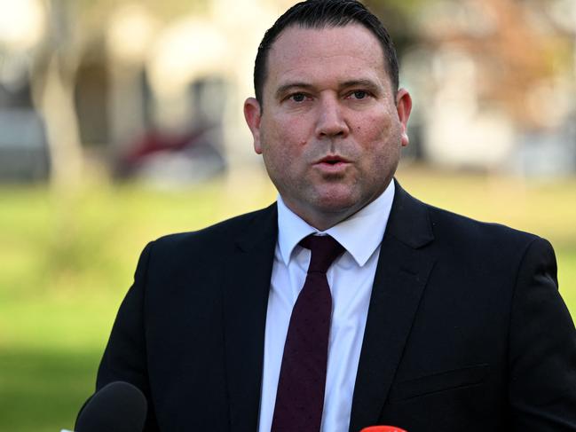Football Australia CEO James Johnson briefs the media during a press conference at Pioneers Memorial Park in Sydney on August 4, 2024. (Photo by Saeed KHAN / AFP)
