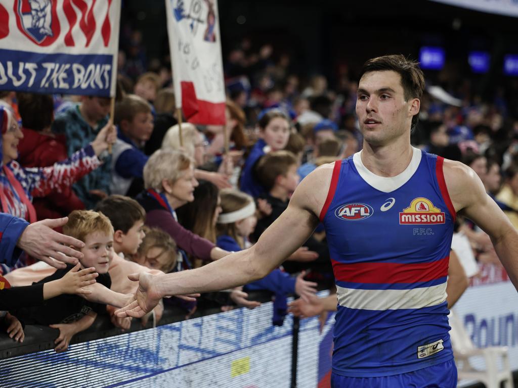 Sam Darcy celebrates with fans after winning the round 23 AFL match between Western Bulldogs and North Melbourne at Marvel Stadium. Picture: Daniel Pockett