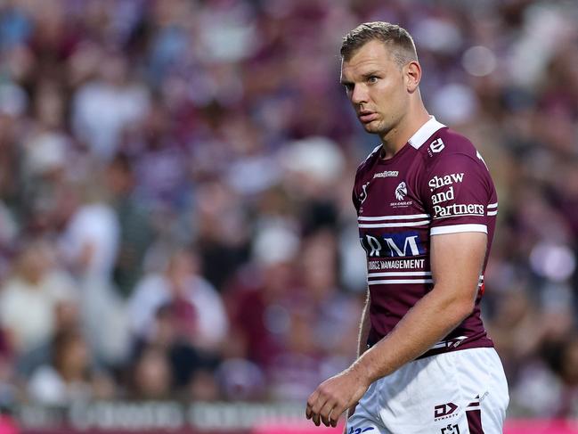 SYDNEY, AUSTRALIA - MARCH 08: Tom Trbojevic of the Sea Eagles warms up ahead of the round one NRL match between Manly Sea Eagles and North Queensland Cowboys at 4 Pines Park, on March 08, 2025, in Sydney, Australia. (Photo by Cameron Spencer/Getty Images)