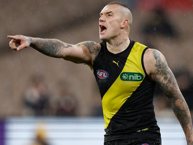 MELBOURNE, AUSTRALIA - JUNE 17: Dustin Martin of the Tigers shouts orders during the 2023 AFL Round 14 match between the Richmond Tigers and the St Kilda Saints at the Melbourne Cricket Ground on June 17, 2023 in Melbourne, Australia. (Photo by Michael Willson/AFL Photos via Getty Images)