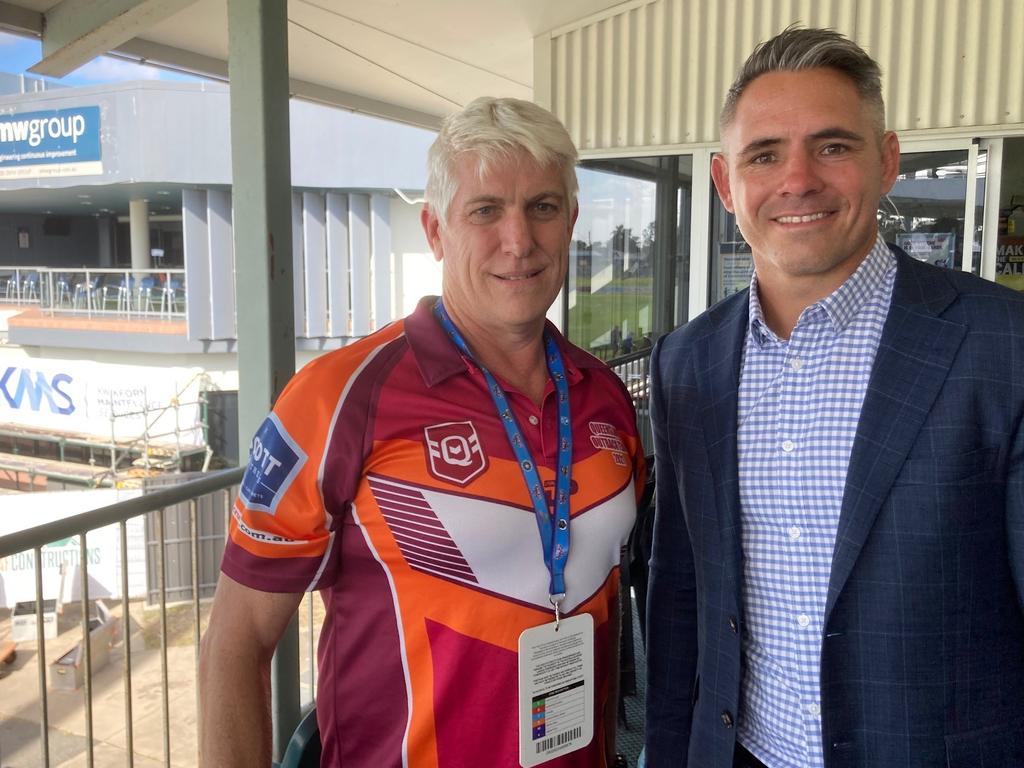 Rob Crow pictured with Brisbane Broncos legend Corey Parker, who was in Rockhampton as part of the Fox Sports broadcast team covering the NRL games played in the city.