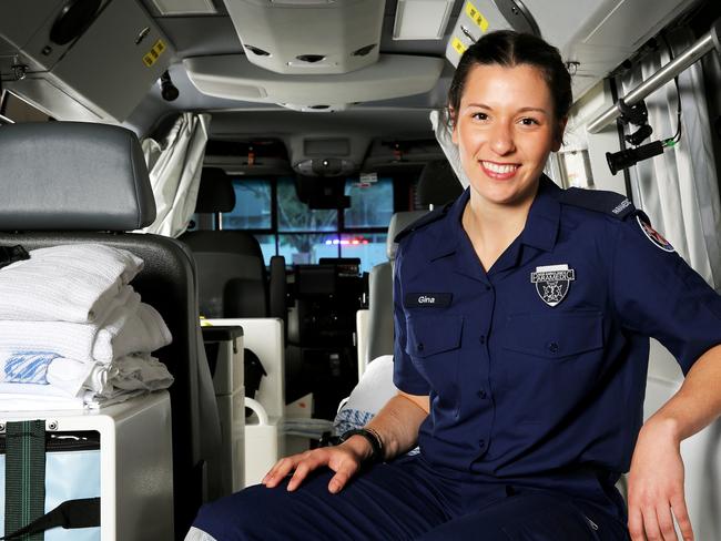 Paramedic Gina, pictured in the back of her moving workplace … an ambulance. Picture: Nigel Wright 