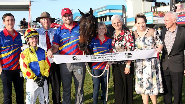 Lightning Handicap winner Desert Cowboy with jockey Quayde Krogh. Adrian Faulkner, Quayde Krogh, Trevor Rowe, Perter Rowe, Krysten Swaffer, Helen Rowe, Emma Wakefield and John Smith with Desert Cowboy. PICTURE: STEWART MCLEAN.