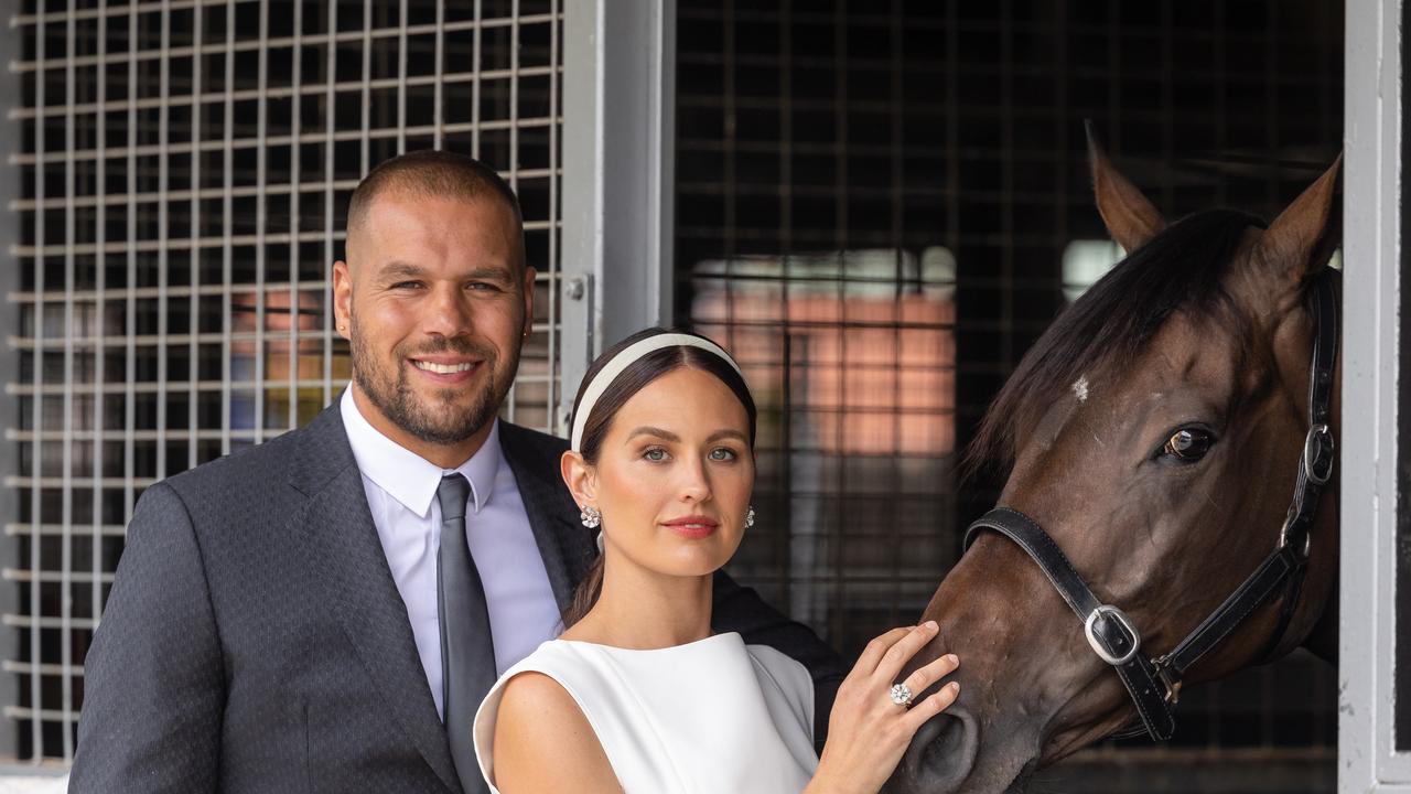 Lance Franklin and wife Jesinta with a Gai Waterhouse trained horse Knights Order. Picture: Jason Edwards