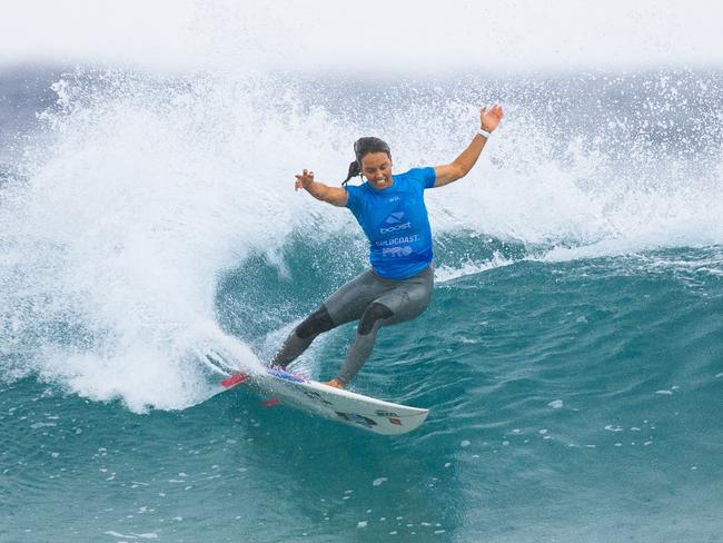 Sally Fitzgibbons competing in the Boost Mobile Gold Coast Pro in 2022 at Snapper Rocks on the Gold Coast. Picture: Matt Dunbar/World Surf League