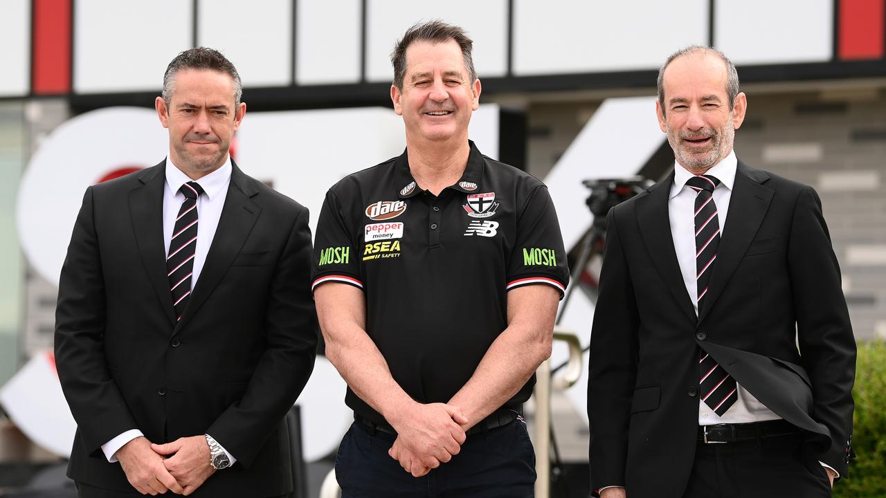 Outgoing Saints chief executive Simon Lethlean, coach Ross Lyon and club president Andrew Bassat. Picture: Quinn Rooney/Getty Images