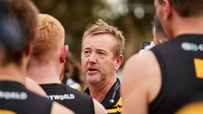 Glenelg coach Mark Stone offers some advice for his triumphant side. Picture: Matt Loxton.