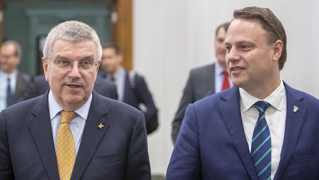 Brisbane Lord Mayor Adrian Schrinner met with IOC president Thomas Bach in Brisbane on Monday to discuss the southeast Queensland Olympic bids. Picture: Glenn Hunt/AAP