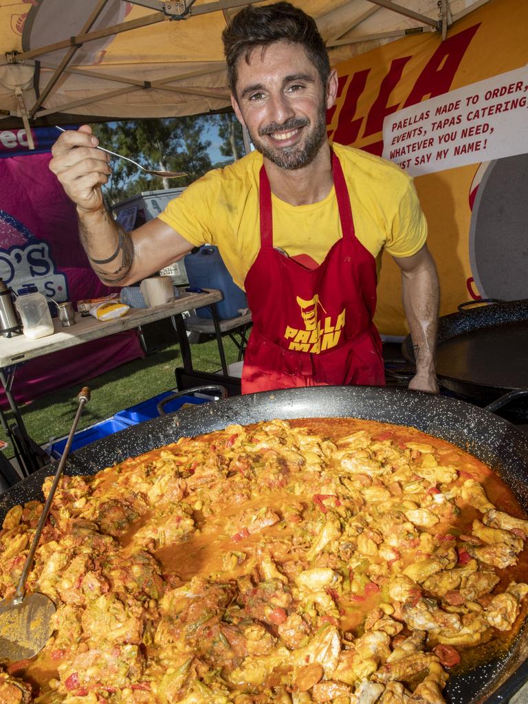 Alex Saporta the "Paella Man" creates a taste sensation in a dish at the Toowoomba Street Food Festival at Pittsworth. Saturday, January 29, 2022. Picture: Nev Madsen.