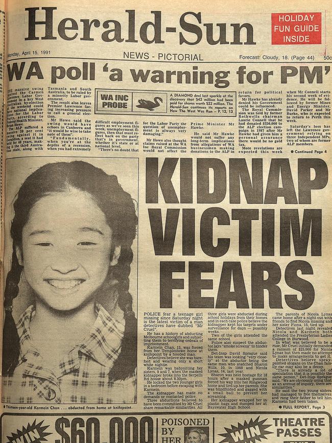 Karmein Chan on the front page of the Herald Sun on April 15, 1991.