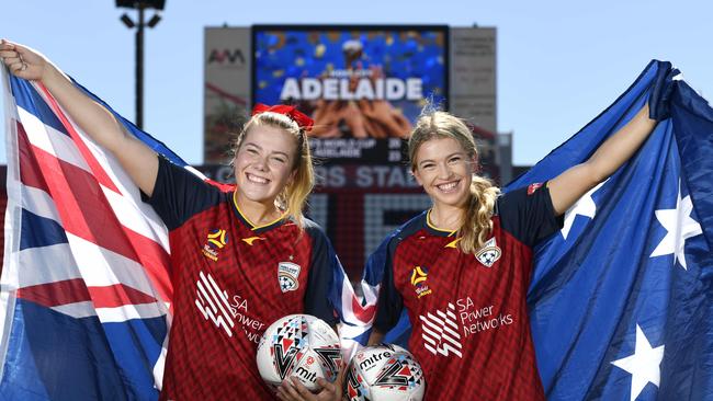 Adelaide United players (L-R) Lara Kirkby and Charlotte “Charli” Grant at Hindmarsh stadium in 2021, when Grant was still hoping to make the Australian team for the 2023 World Cup. Picture: Naomi Jellicoe