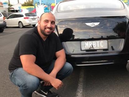 Sam Karagiozis in 2018 pictured with his Bentley and customised plates. He asked the court for a bail variation to attend his 10 souvlaki restaurants, a wedding and a buck’s party. Supplied: Twitter