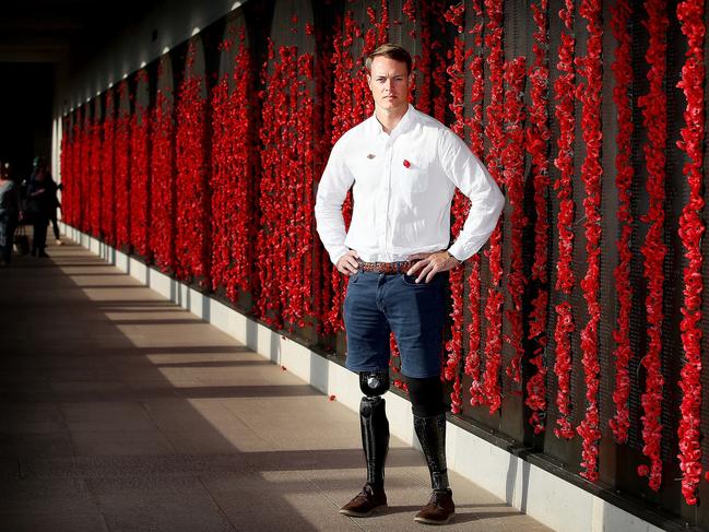 Sapper Curtis McGrath lost both legs when he stepped on a landmine in Afghanistan, but not his will to excel. Within a year of being injured in 2012, he was back on his feet, then standing on the winner's podium as a champion para-sportsman, culminating in a gold medal for canoeing at the Rio Para-Olympics. Curtis McGrath will take part in the Anzac Day Dawn Service at the Australian War Memorial in Canberra. Picture Kym Smith