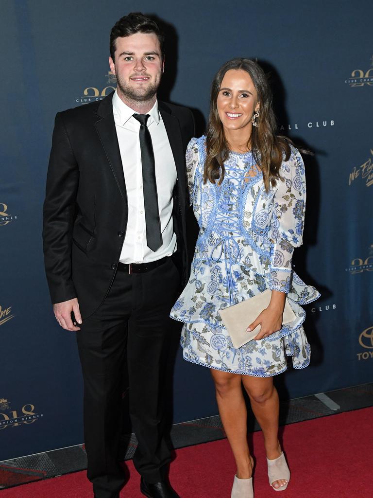 Brad Crouch and Britt Kennedy on the red carpet at the Adelaide Crows Club Champion Awards at the Adelaide Entertainment Centre.