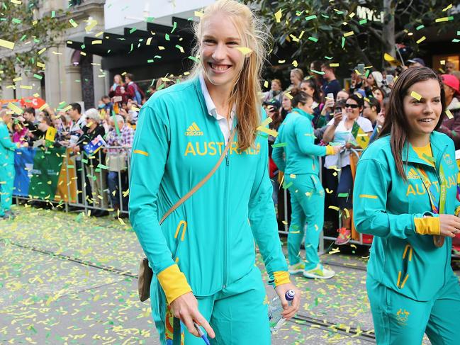 MELBOURNE, AUSTRALIA - AUGUST 31:  Gold medallist Kim Brennan walks the parade during the Australian Olympic Team Melbourne Welcome Home Celebration at Bourke Street on August 31, 2016 in Melbourne, Australia.  (Photo by Michael Dodge/Getty Images)