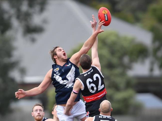 Christopher Wylie and contest the ruck during the Peninsula FL: Bonbeach v Edithvale Aspendale match in Bonbeach, Saturday, July 8, 2017. (Picture/Andy Brownbill)