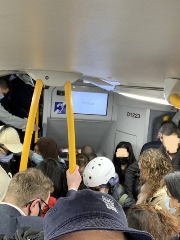 Commuters crammed on the trains which were running at slower speeds. Picture: Twitter