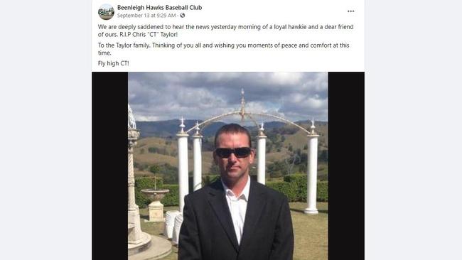 A tribute from Brisbane's Beenleigh Hawks to former player Chris Taylor, who died in Bayswater North on September 12. Picture: Beenleigh Hawks/Facebook