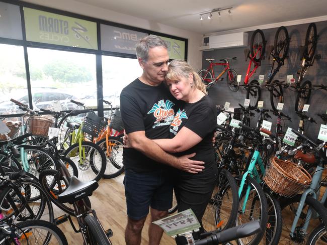 Owners Terry and Sheridan Bosworth at Storm Cycles in Tugun. Picture: Glenn Hampson.