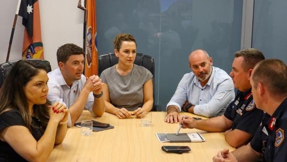 Chief Minister Lia Finocchiaro meets with (from left to right) Senator Jacinta Nampijinpa Price, Member for Braitling Joshua Burgoyne, Member for Namatjira Bill Yan, Acting Police Commissioner Martin Dole, and Assistant Commissioner Peter Kennon discuss the situation in Alice Springs. Picture: Supplied.