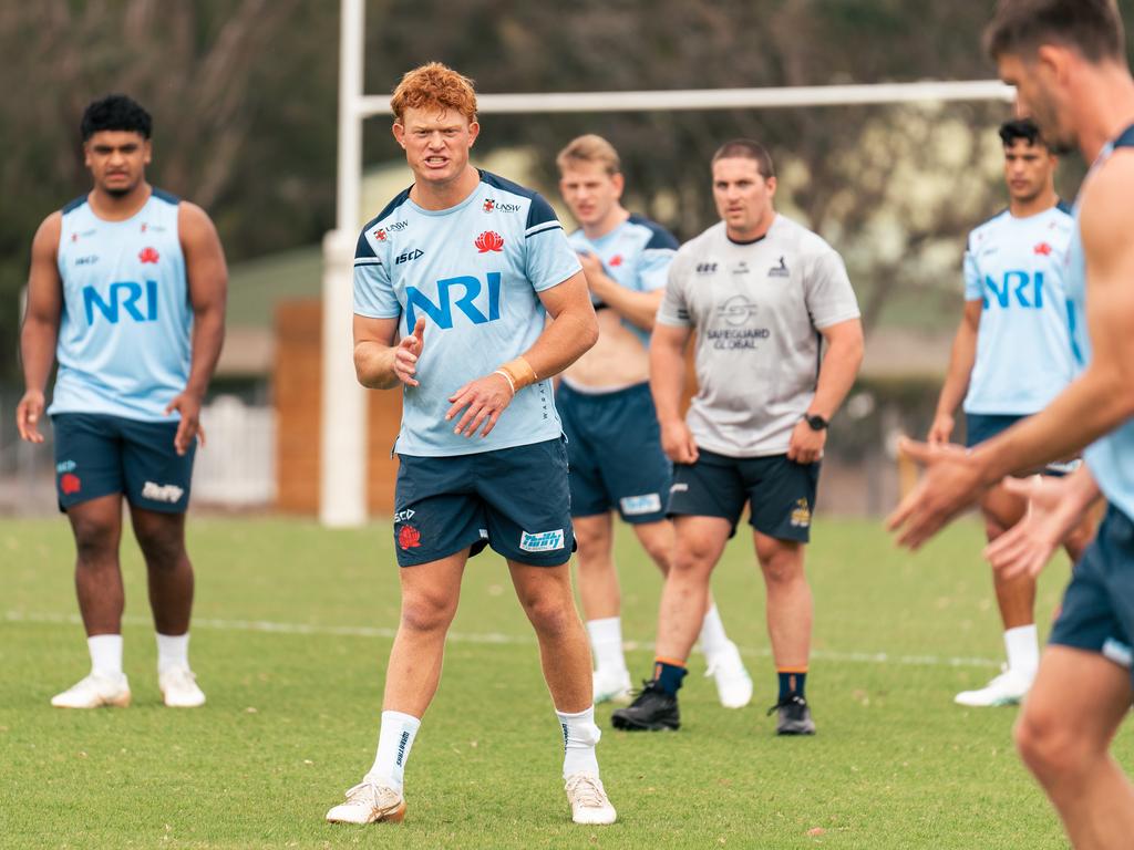 Waratahs playmaker Tane Edmed with new teammates Joseph-Aukuso Suaalii (background) in Wallabies training camp in Canberra. Picture: Rugby Australia