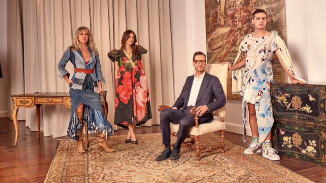 In celebration of the 60th anniversary Australian Fashion Week show, Schuman charged 14 local designers including, from left: Kit Willow of KITX, Anna Plunkett from Romance Was Born and Jordan Gogos from Iordanes Spyridon Gogos, photographed with the chief executive at the CZ Salon with creating a look inspired by his mother’s legacy. Picture: Nic Walker