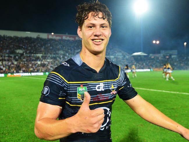 Cowboys prodigy Kalyn Ponga gives a thumbs-up after an excellent NRL debut. Picture: Zak Simmonds