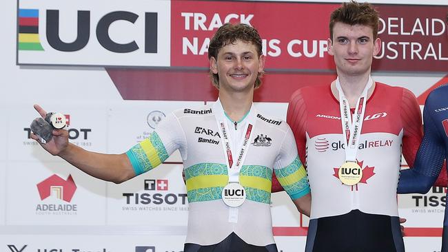 Blake Agnoletto (left) finished second in the elimination race at the Track Nations Cup in Adelaide in February. He is a rider to look out for at the nationals. Photo by Sarah Reed/Getty Images