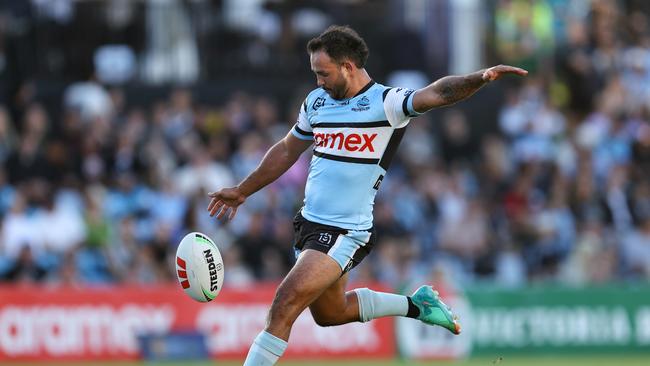 Braydon Trindall of the Sharks kicks during the round seven NRL match between Cronulla Sharks and North Queensland Cowboys at PointsBet Stadium, on April 21, 2024, in Sydney, Australia. Picture: Brendon Thorne/Getty Images