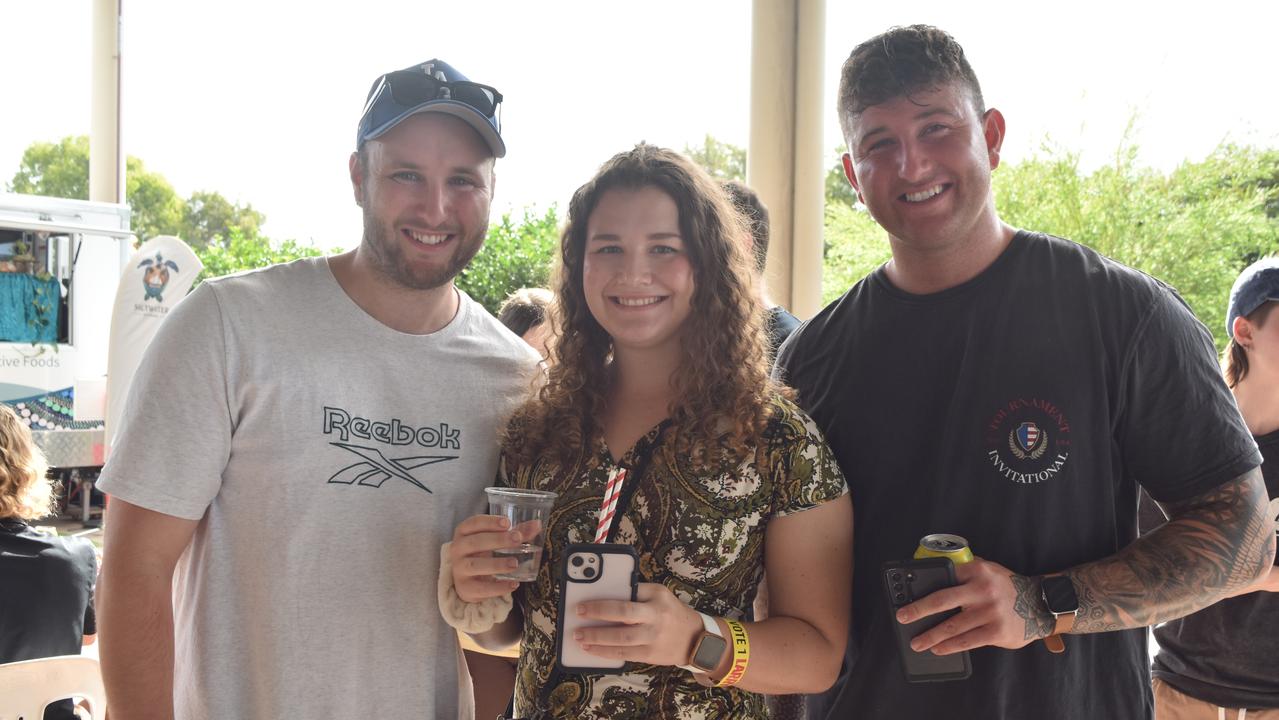 Brandon Dodd, Mercedes van Setten and Jordan Dodd at Your Mates Beer Day Out in Warana on December 10, 2022. Picture: Sam Turner