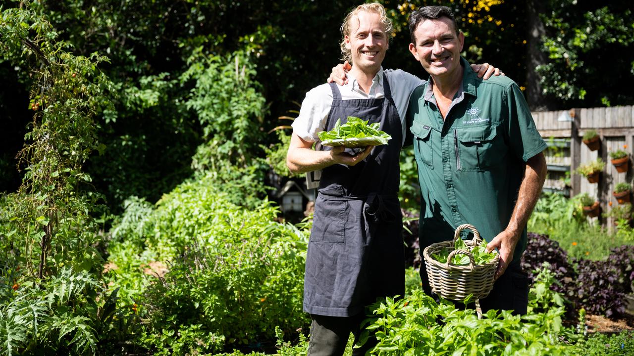 Head chef Taylor Cullen, left, and head gardener Peter Hatfield, in Chiswick’s thriving kitchen garden. Picture: supplied