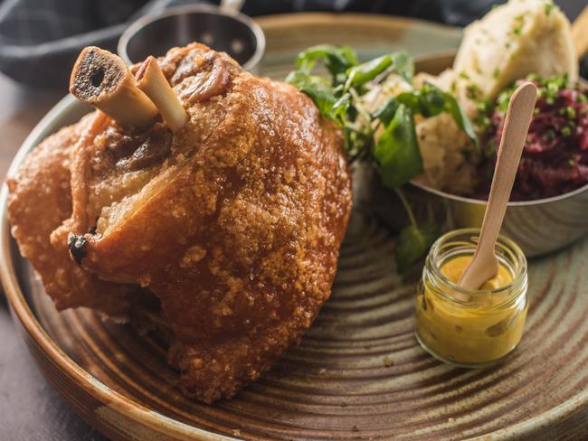 The pork knuckle at Bankstown Sports Club’s Bavarian Express. Picture: Supplied