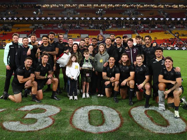 The Broncos after the win over the Titans. Picture: Chris Hyde/Getty Images
