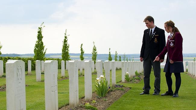 Michael Young, 16, and Victoria Merton, 16, at the Australian National Memorial at Villers-Bretonneux in France. Picture: Hamish Paterson, ADF