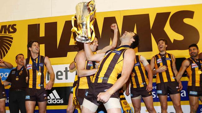 Jordan Lewis celebrates Hawthorn’s 2013 premiership win. Picture: Michael Klein