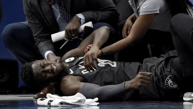 Brooklyn Nets guard Caris LeVert grimaces in pain. Picture: AP