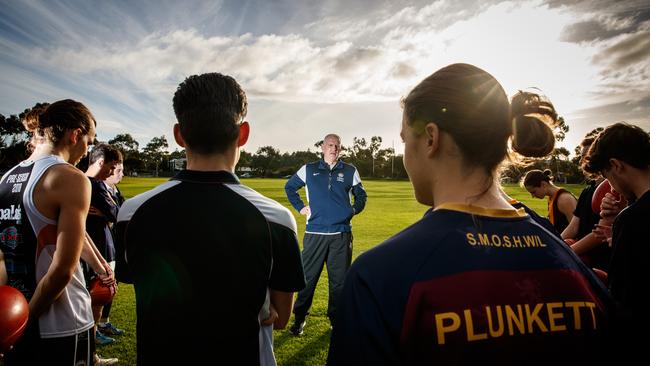 Mark Mickan addressing St Michael’s College players at training. Picture: Matt Turner