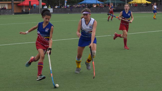 Gympie hosted the 2021 Under 13 Girls State hockey championships over the last four days, with Brisbane teams taking out two of the three division titles. Aryel Bisseling flies down the right hand side. Pictures: Josh Preston