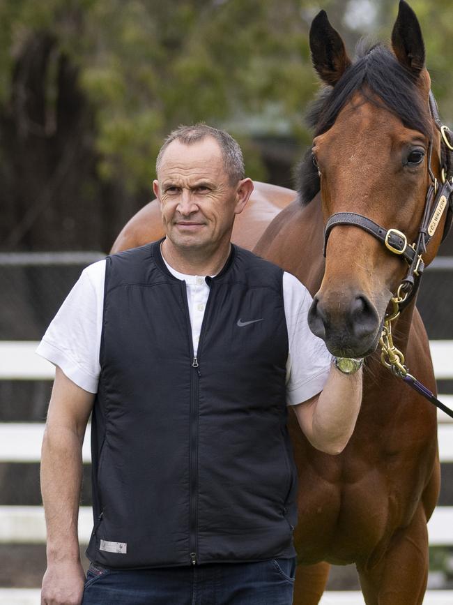 Trainer Chris Waller with Buckaroo on Friday. Picture: Bronwen Healy Photography