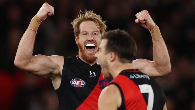 MELBOURNE - July 9 : AFL. Andrew Phillips of the Bombers enjoys Zach MerrettÃ&#149;s 2nd quarter goal during the round 17 AFL match between Essendon and Adelaide at Marvel Stadium on July 8, 2023. Photo by Michael Klein.