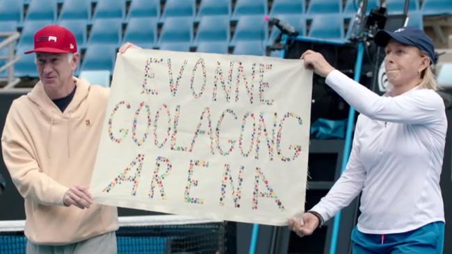 John McEnroe and Martina Navratilova in their controversial on court protest at the Australian Open. Picture: Twitter